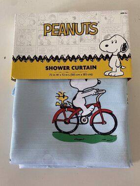 Peanuts Snoopy Woodstock Fabric Shower Curtain 72x 72 Doghouse Bicycle Laugh NEW